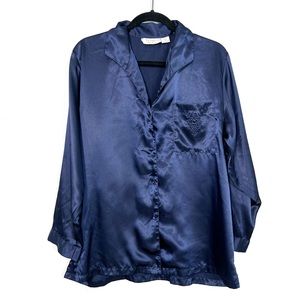 Vintage VICTORIA'S SECRET Gold Label Blue Satin Pajama Top with Pocket Crest